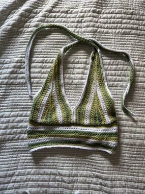 Hollister Striped Crocheted Halter Top in Green and White